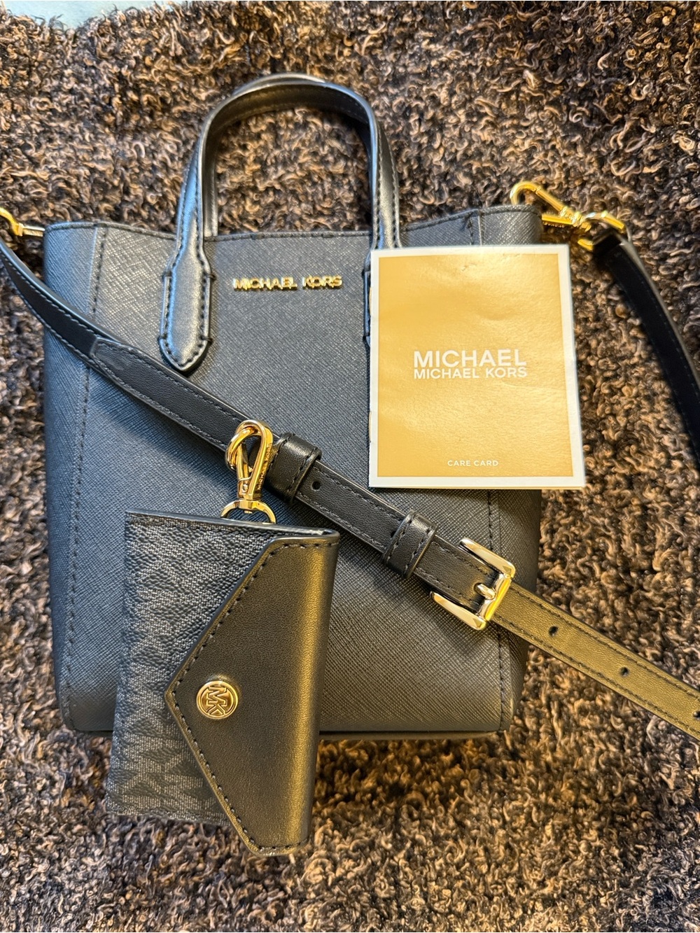 Michael Kors Black Saffiano Leather Crossbody with Gold Hardware and Card Case